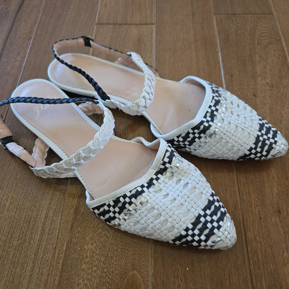 J.Crew Women Woven Pointed Toe Slingback Flats Black White Silver L5458 Size 7.5